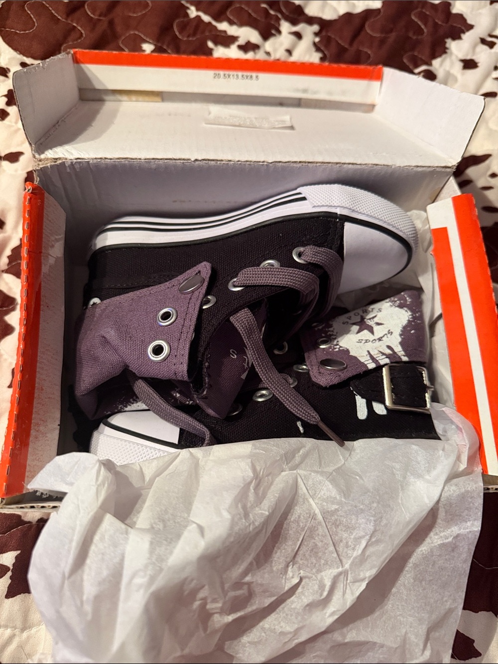 Kids High-Top Canvas Sneakers in Black and Purple with Buckle Detail